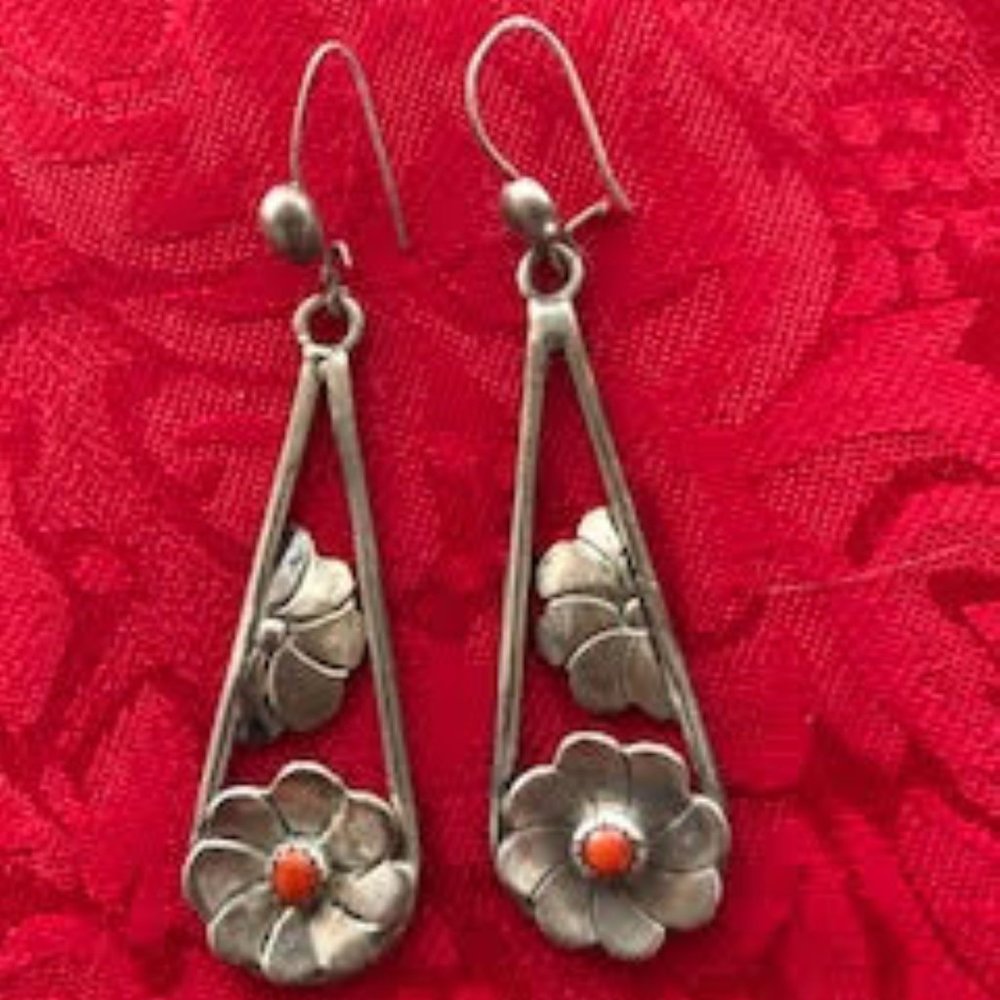 Ladies Silver and Coral Dangle Earrings